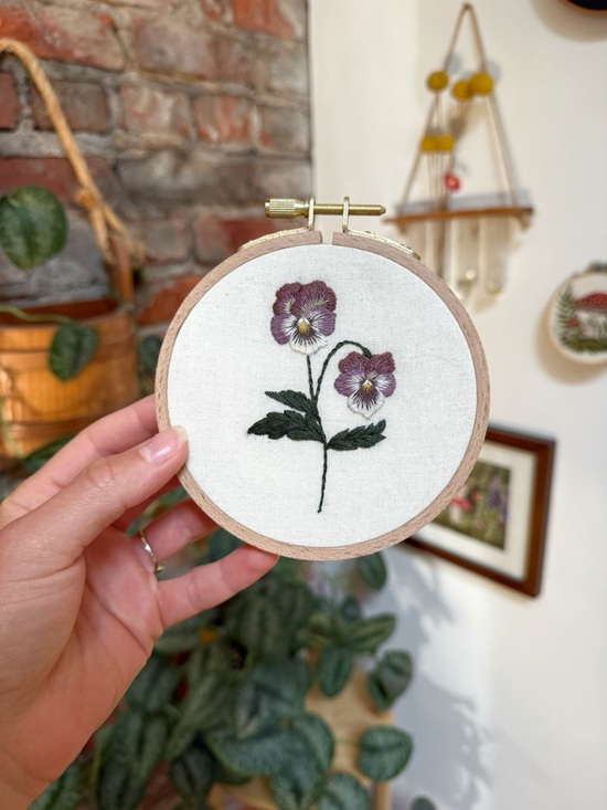 Handmade Other - Hand-Embroidered Pansy Hoop Wall Art